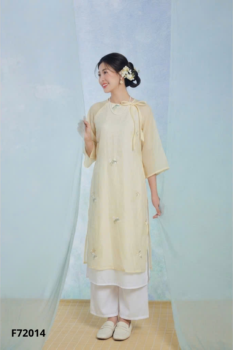 NEW Set áo dài vàng nhạt + quần lụa trắng