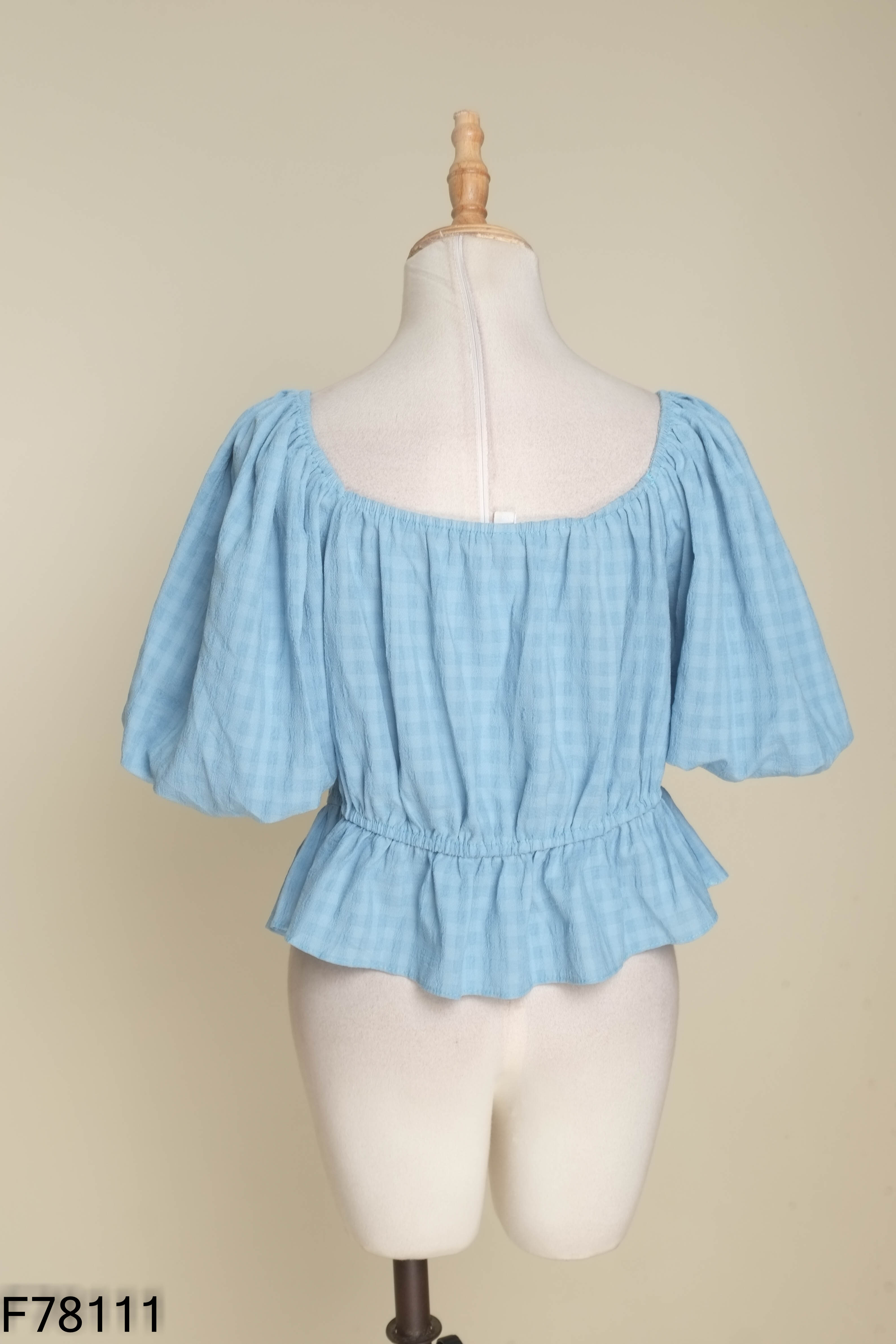 Áo babydoll xanh caro tay phồng