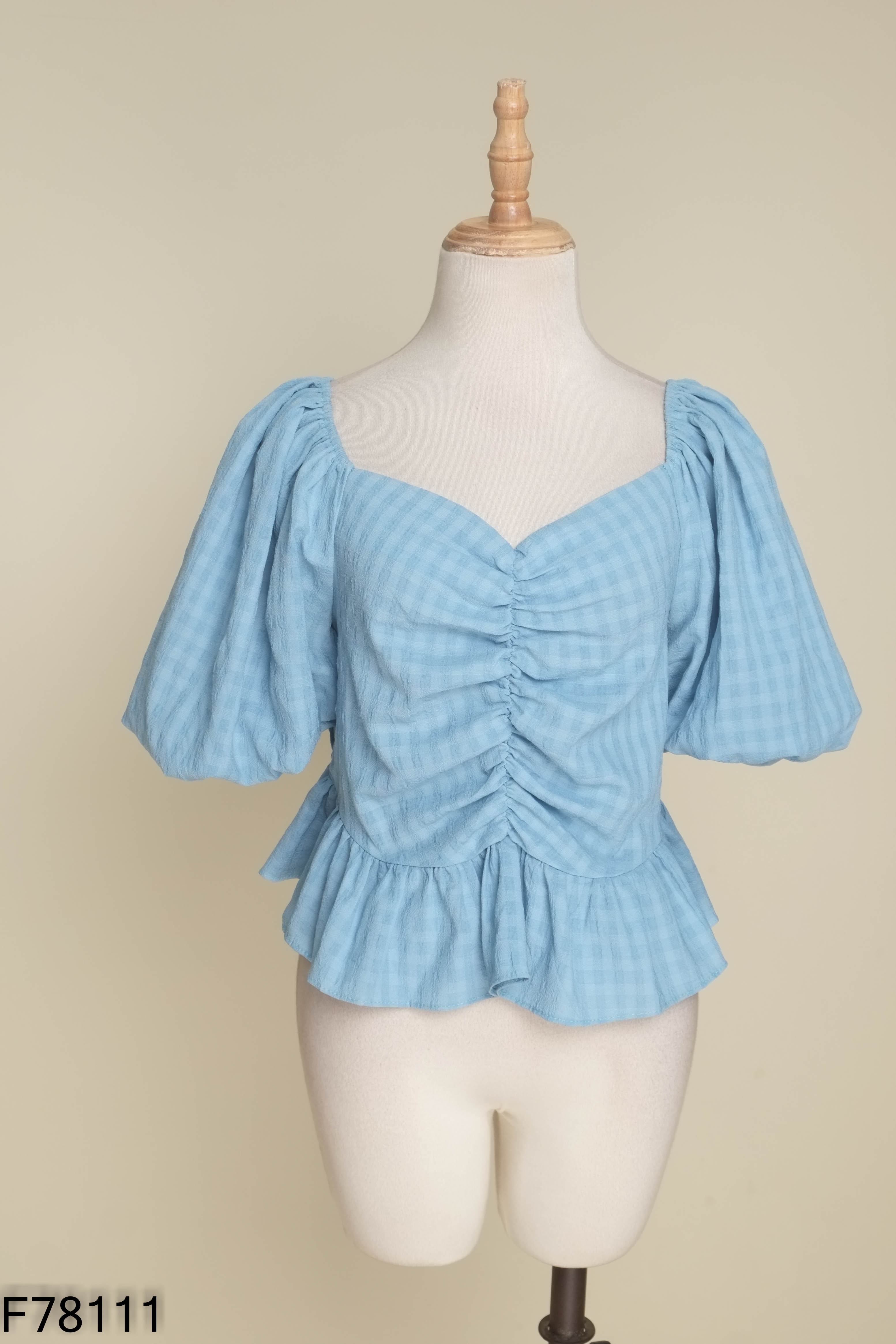 Áo babydoll xanh caro tay phồng