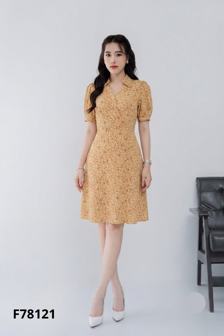Váy nâu hoa TWENTY FIVE cổ sơ mi