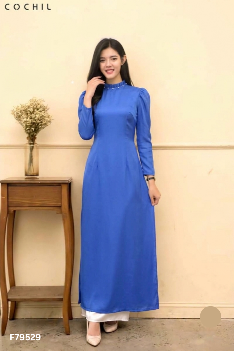 Set áo dài xanh + quần lụa hồng pastel