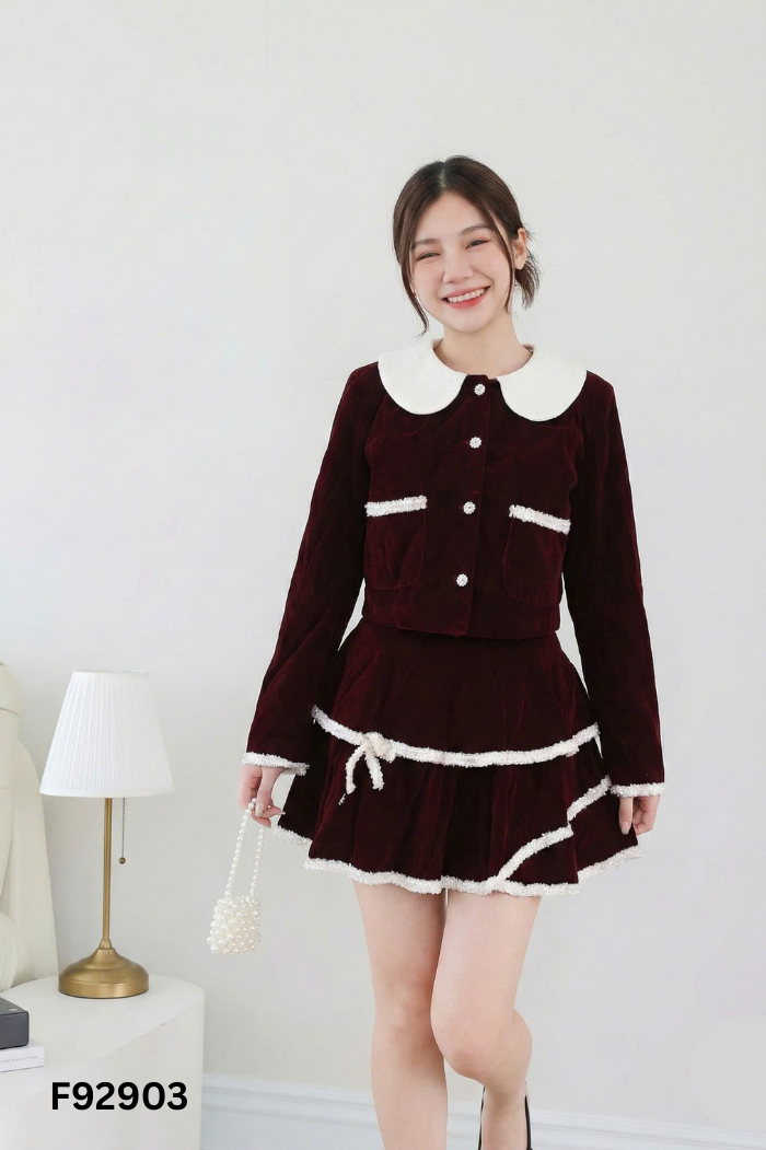 NEWTAG Set Áo nhung đỏ cổ sen be + chân váy