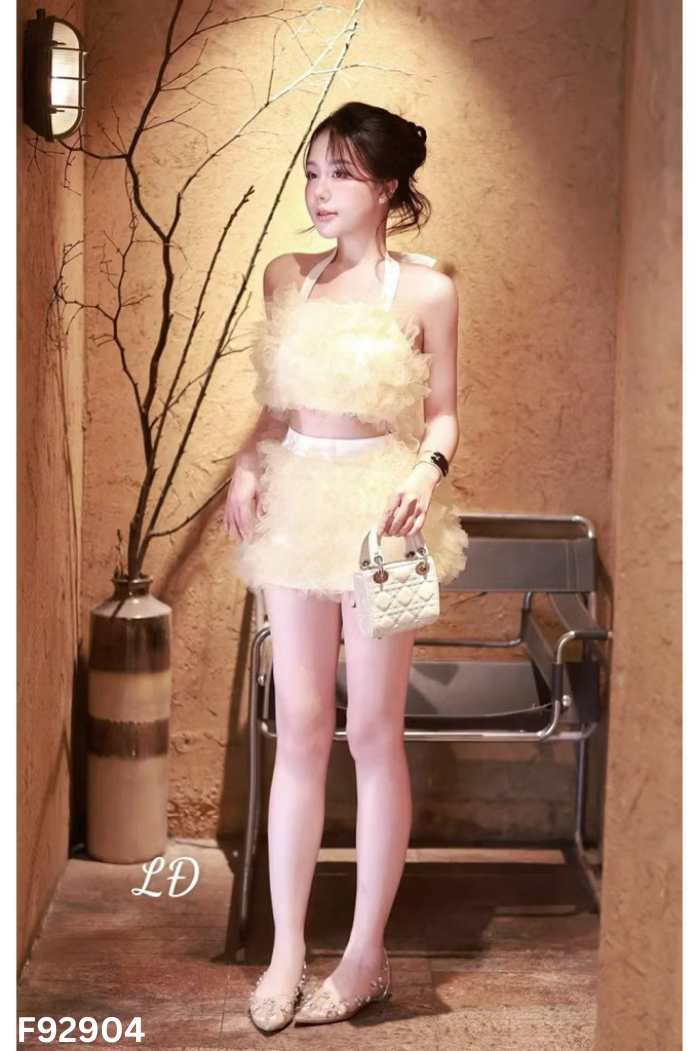 Set Áo be phối lưới bèo + chân váy