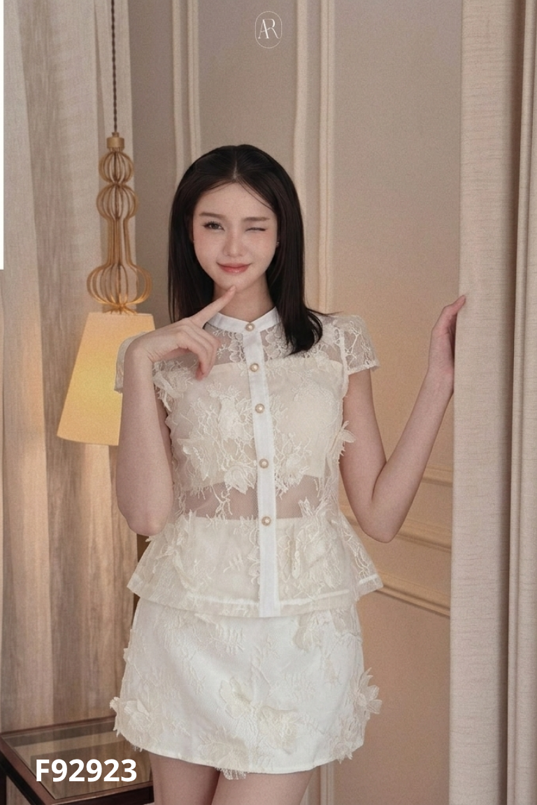 Set áo quây be kèm khoác lưới + chân váy