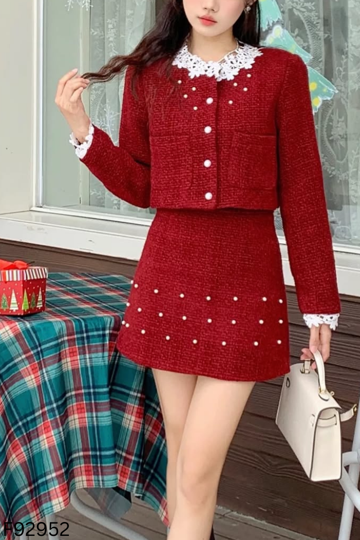 NEWTAG SET Áo dạ đỏ cúc ngọc + chân váy