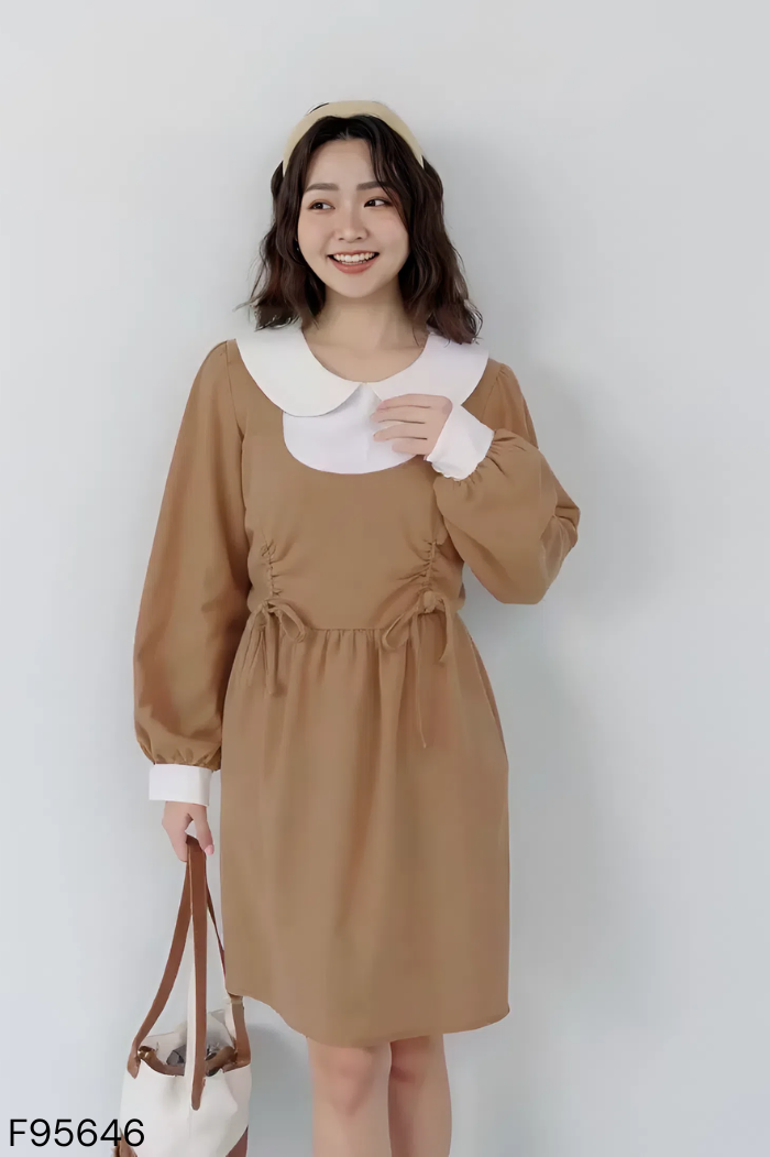 Váy nâu phối trắng cổ tròn