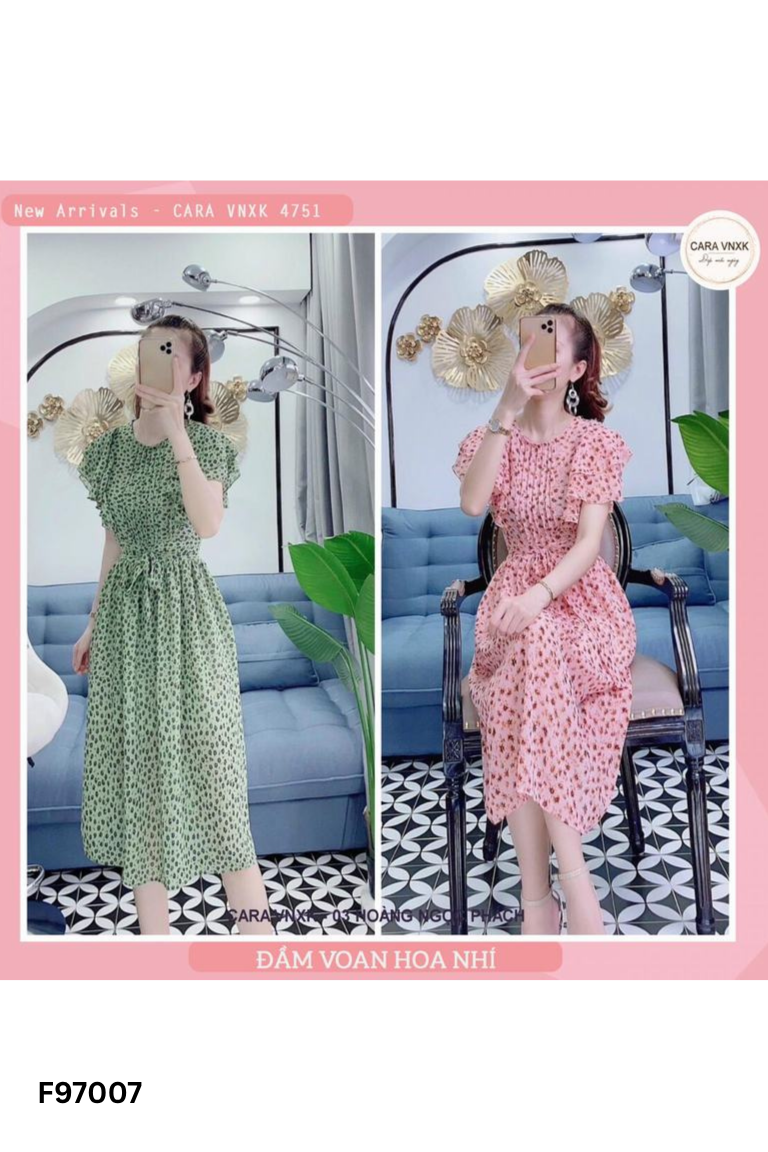 Váy xanh hoa đen phối bèo