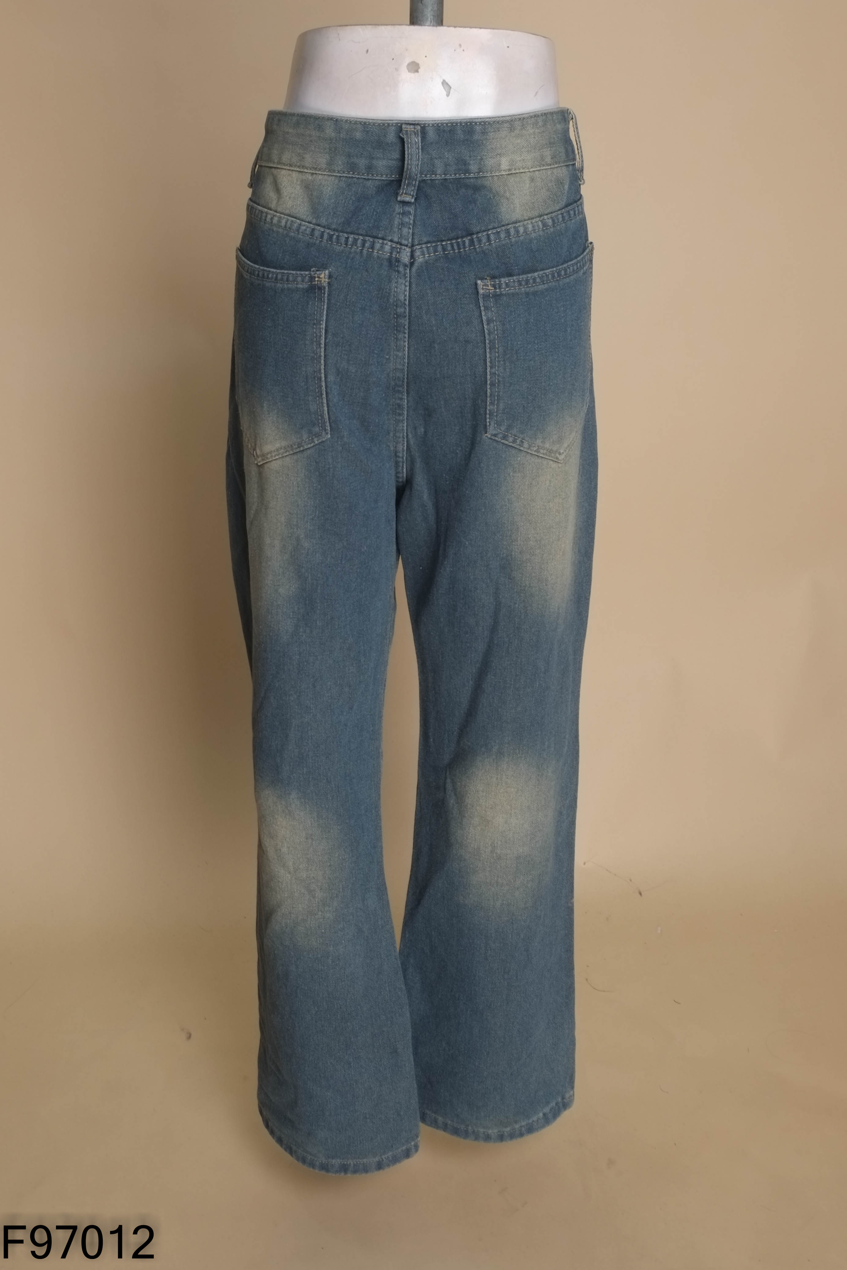 Quần jeans xanh wash rêu ống rộng