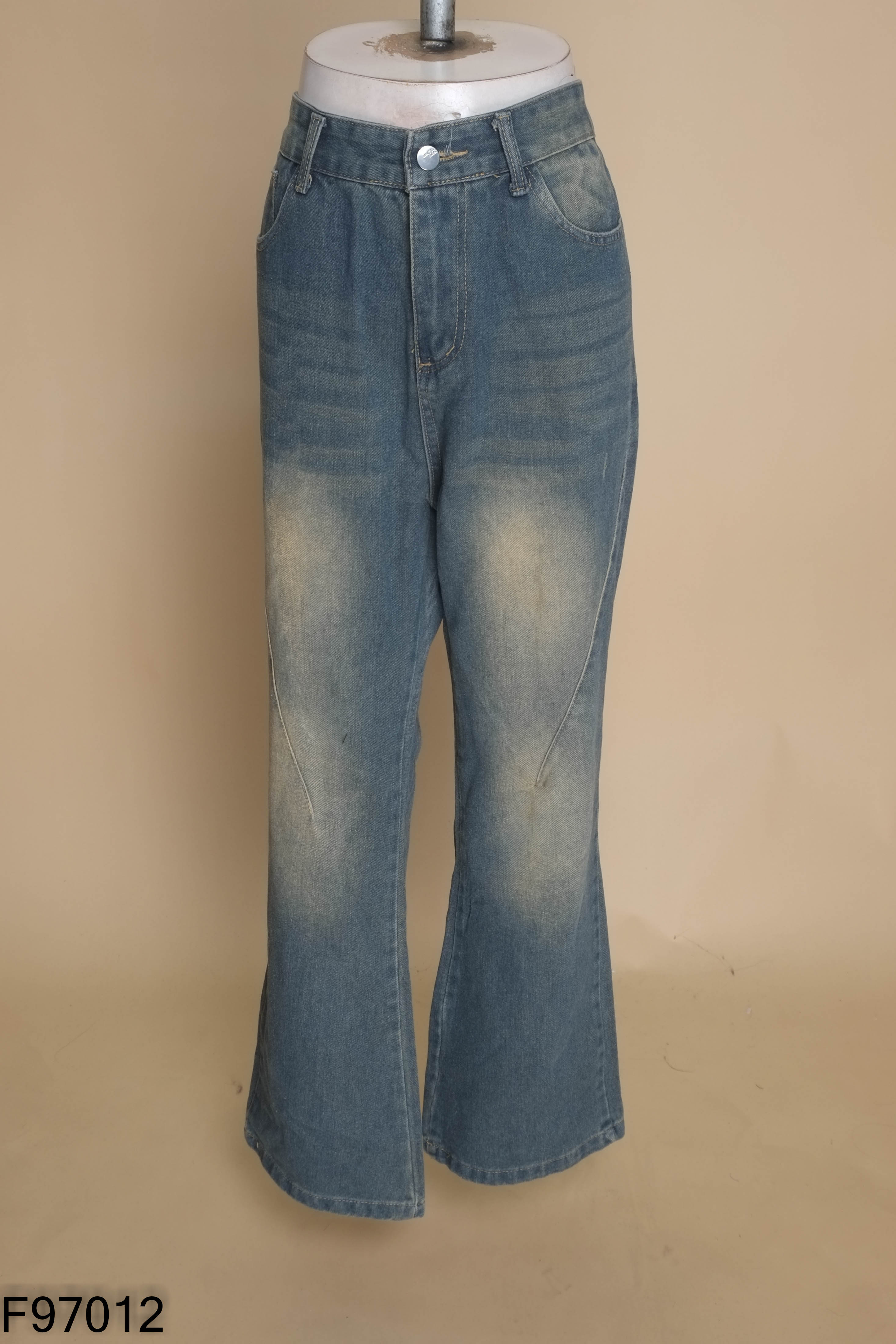 Quần jeans xanh wash rêu ống rộng