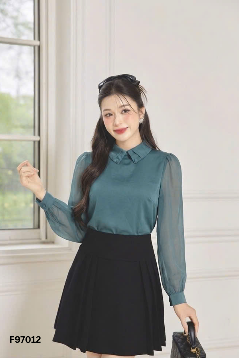 Áo sơ mi xanh trơn mix tay voan