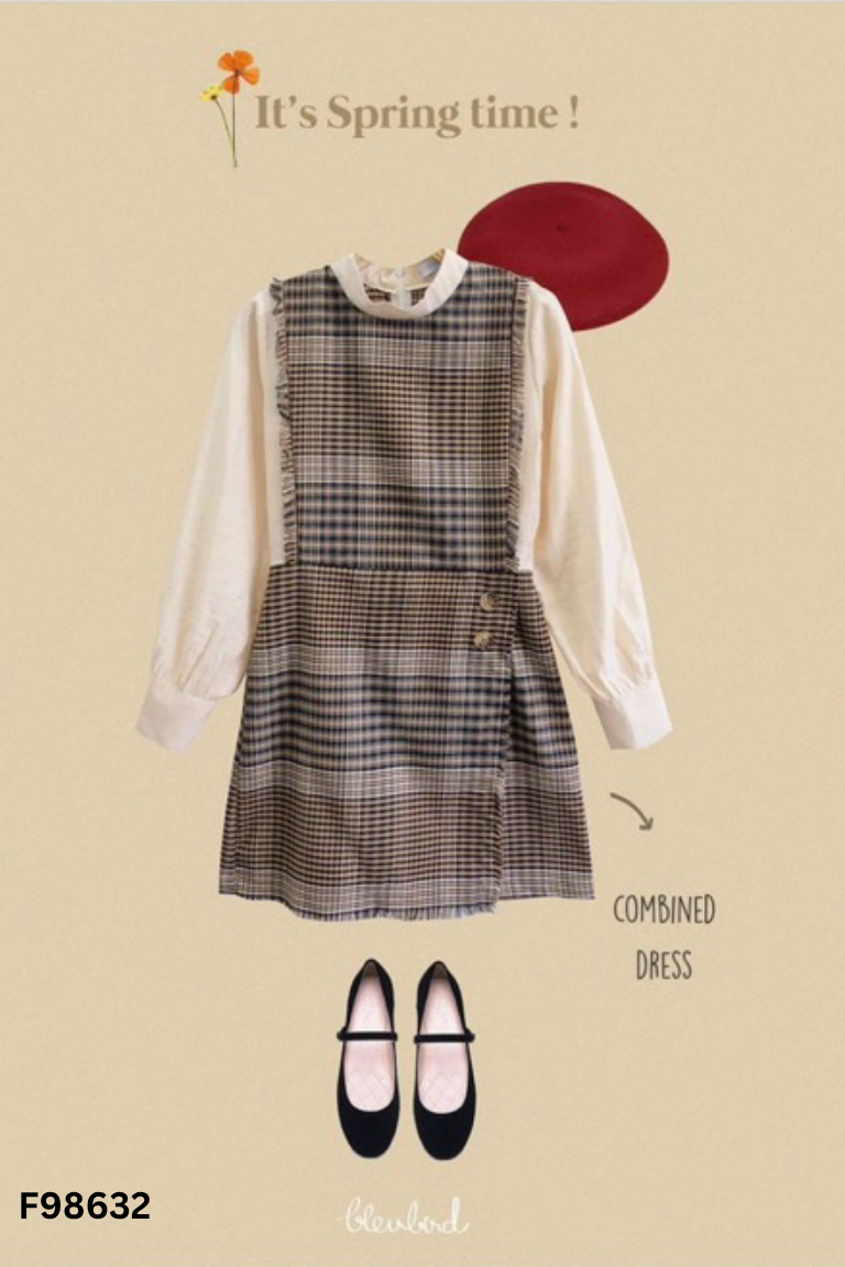 Váy BLEUBIRD trắng mix caro nâu