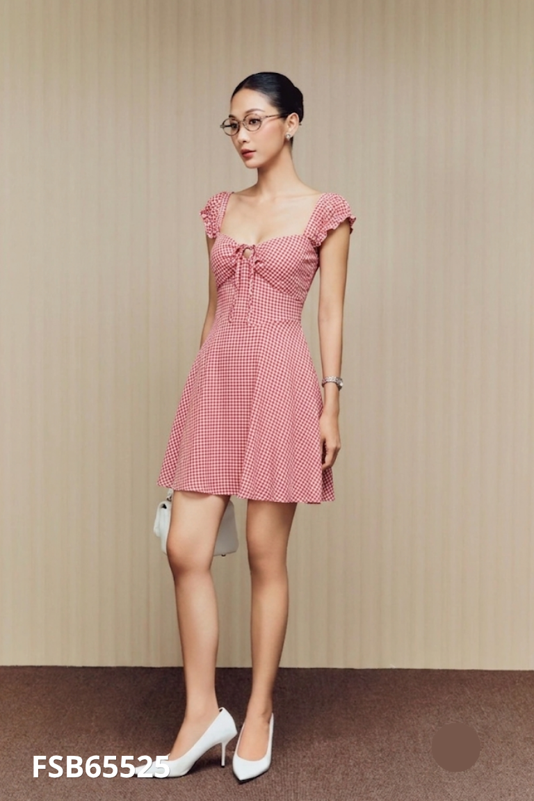 Váy linen đỏ kẻ caro