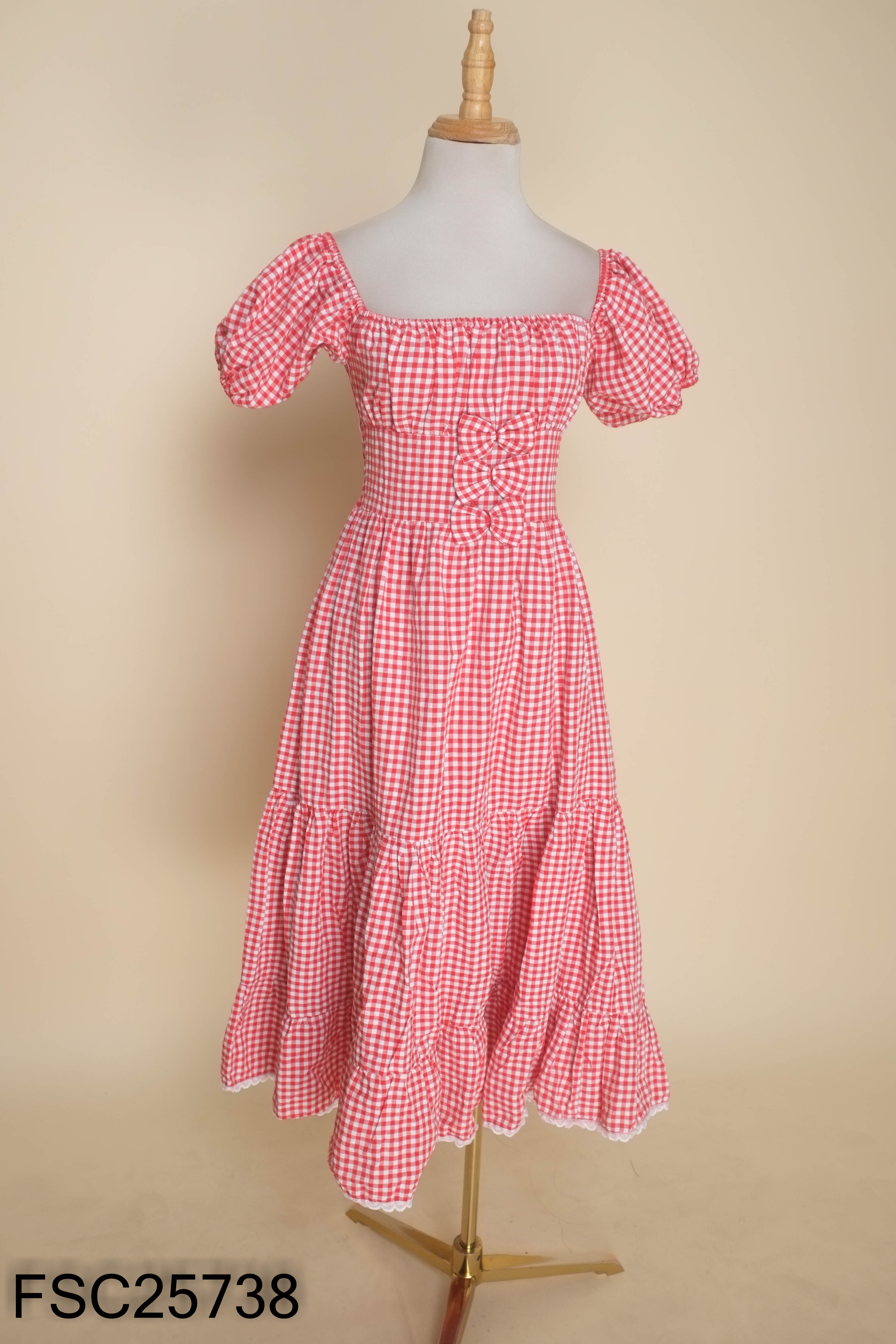 Váy babydoll đỏ trắng caro DAMI.BYQ họa tiết nơ