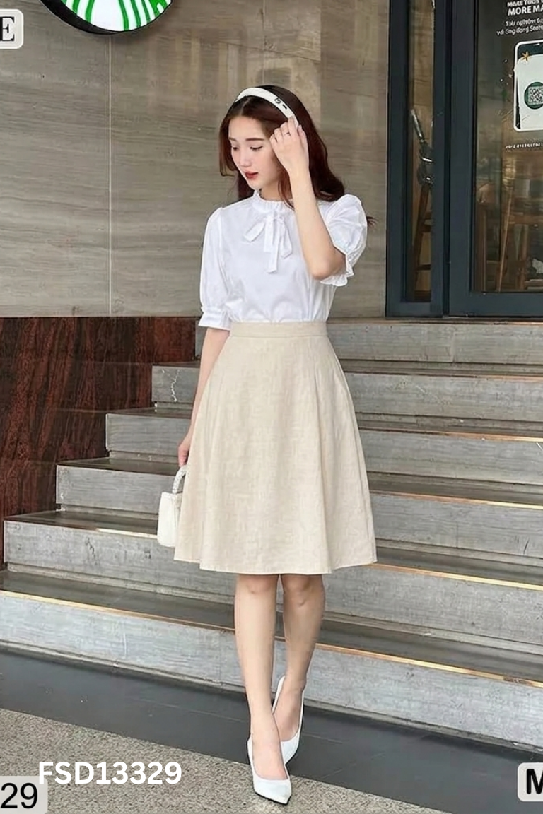 Váy GUMAC trắng phối be