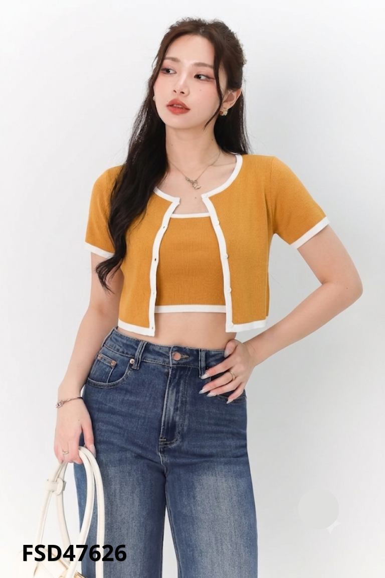 Set Áo len mongtoghi nâu viền trắng + áo quây