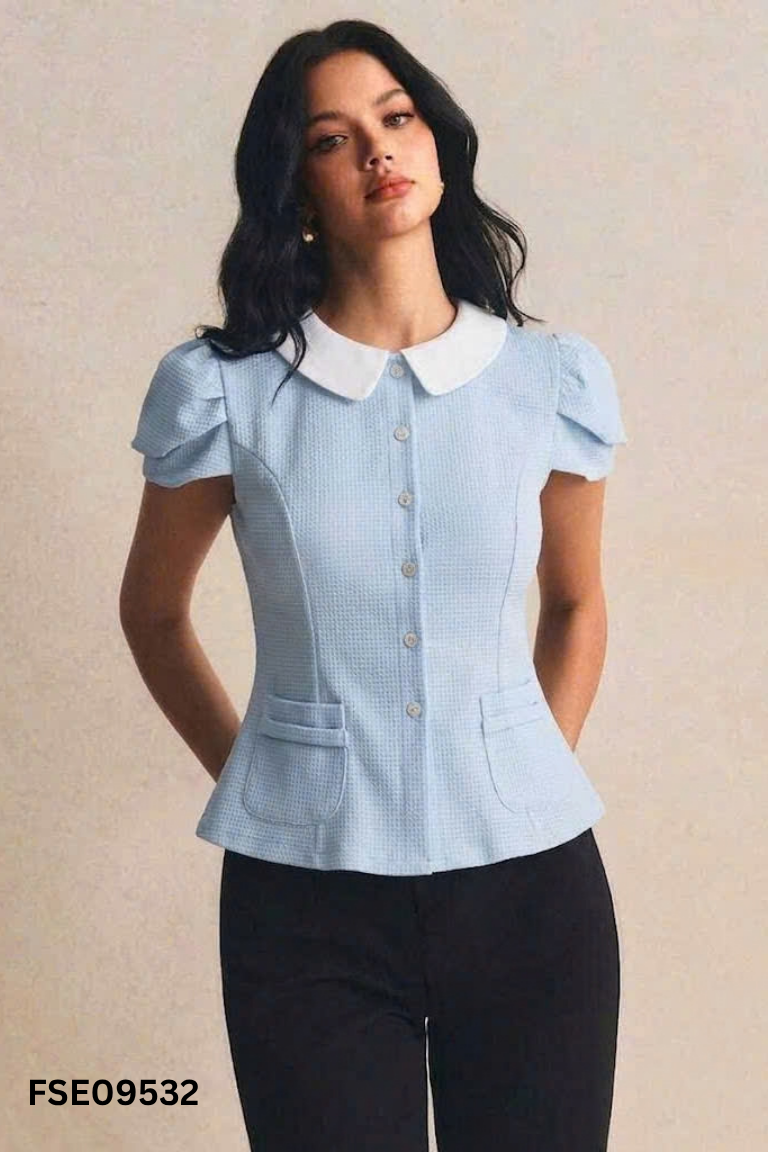 Áo tweed xanh cổ trắng