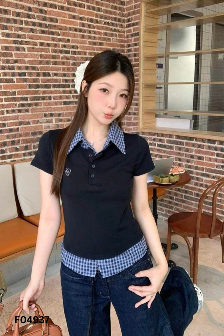 Áo đen cổ xanh kẻ