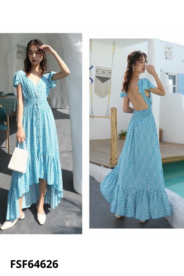 Váy xanh hoa nhí hở lưng
