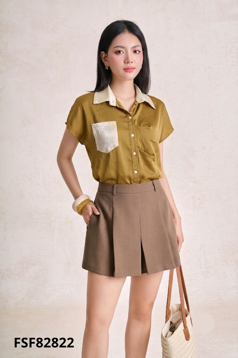 Áo sơ mi xanh rêu cổ be