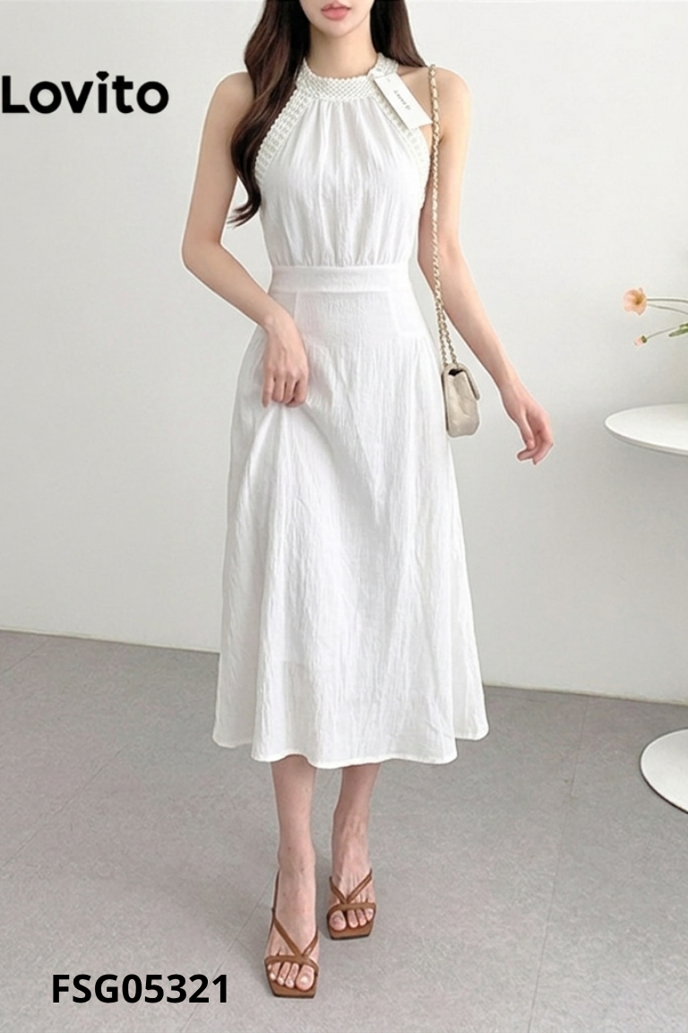 NEWTAG váy LOVITO trắng cổ yếm