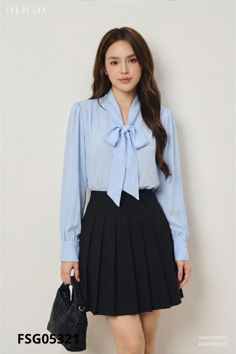 Áo xanh pastel nơ cổ
