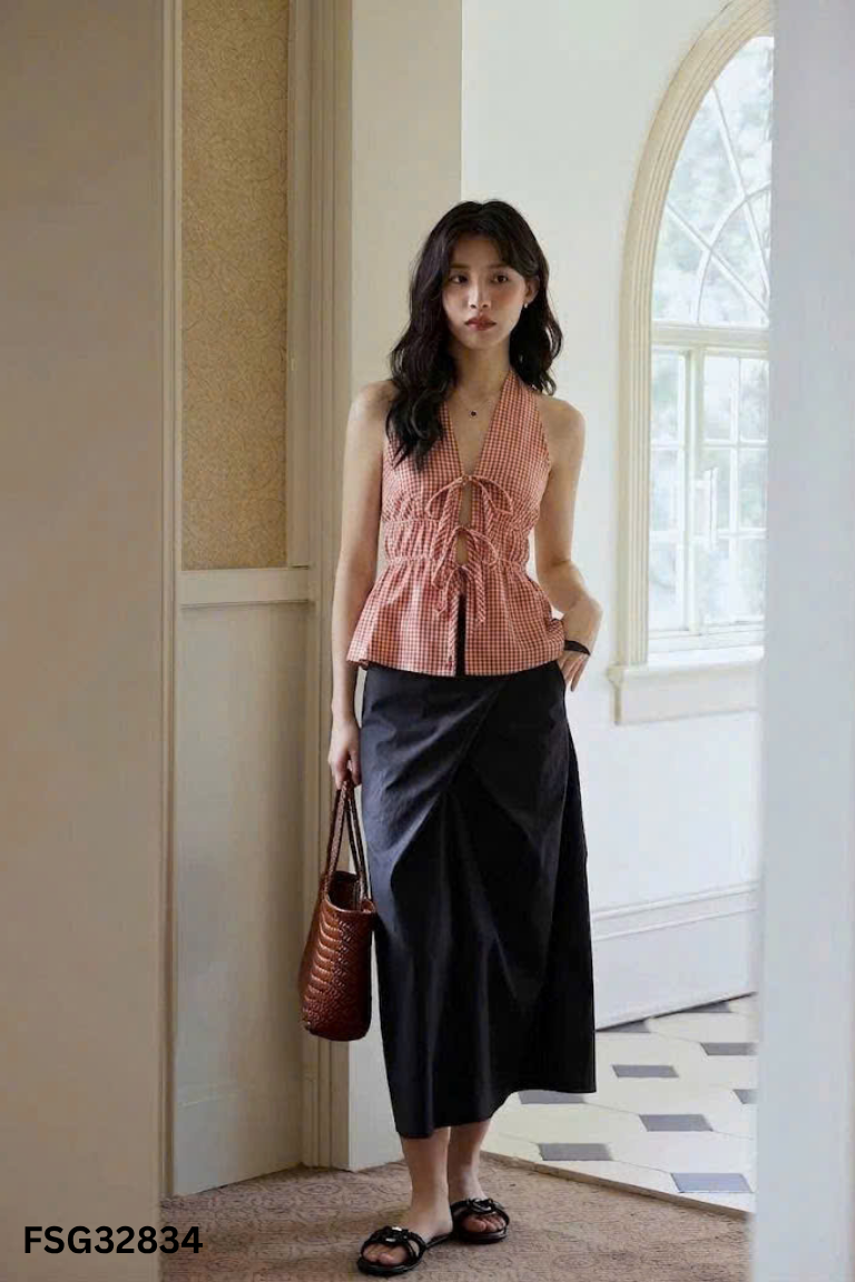 Áo kiểu đỏ be caro cổ buộc