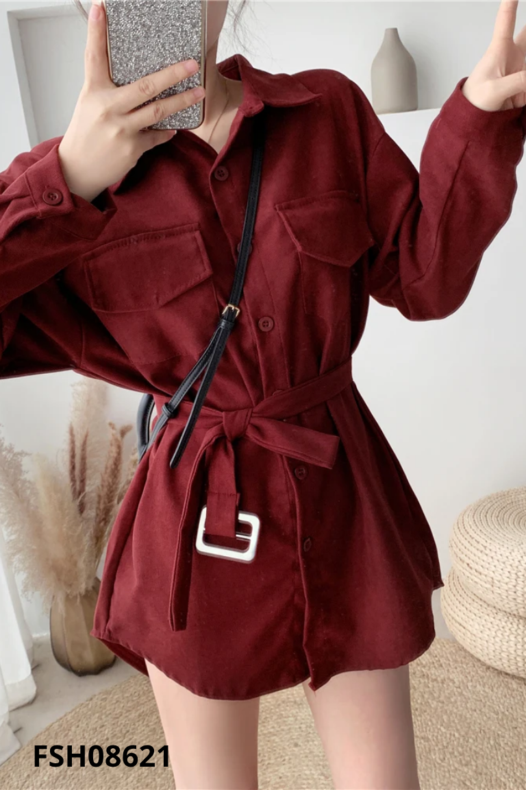 Váy sơ mi đỏ trơn phối dây eo