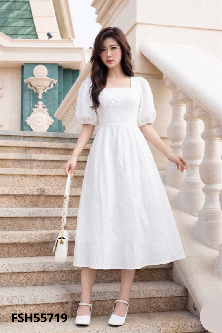 Váy trắng QIANYIHUI dài cổ tròn