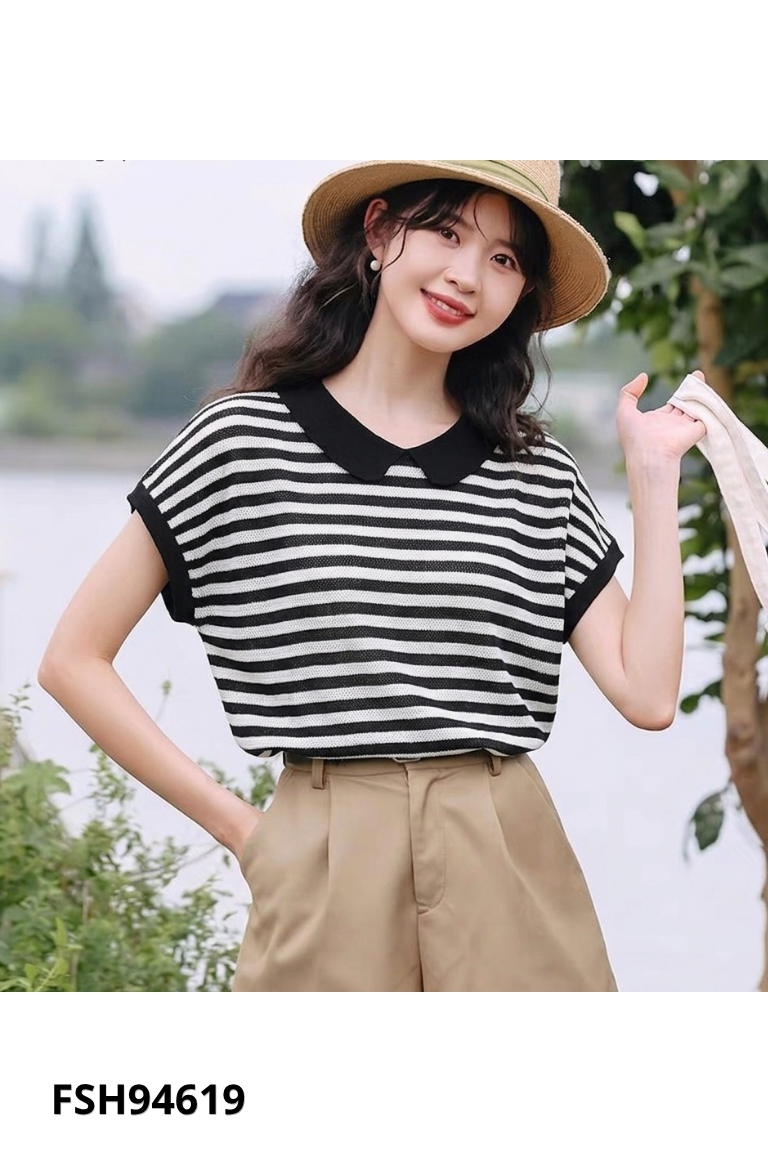 Áo polo đen kẻ trắng