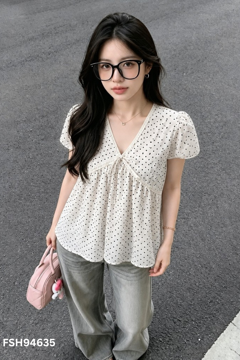 Áo be chấm bi cổ V