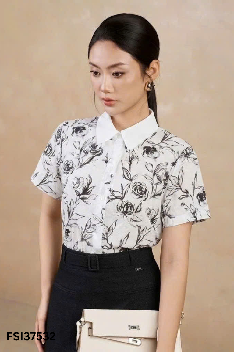 Áo sơ mi trắng tay ngắn ht hoa đen