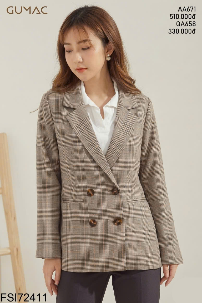 Áo blazer xám nâu kẻ