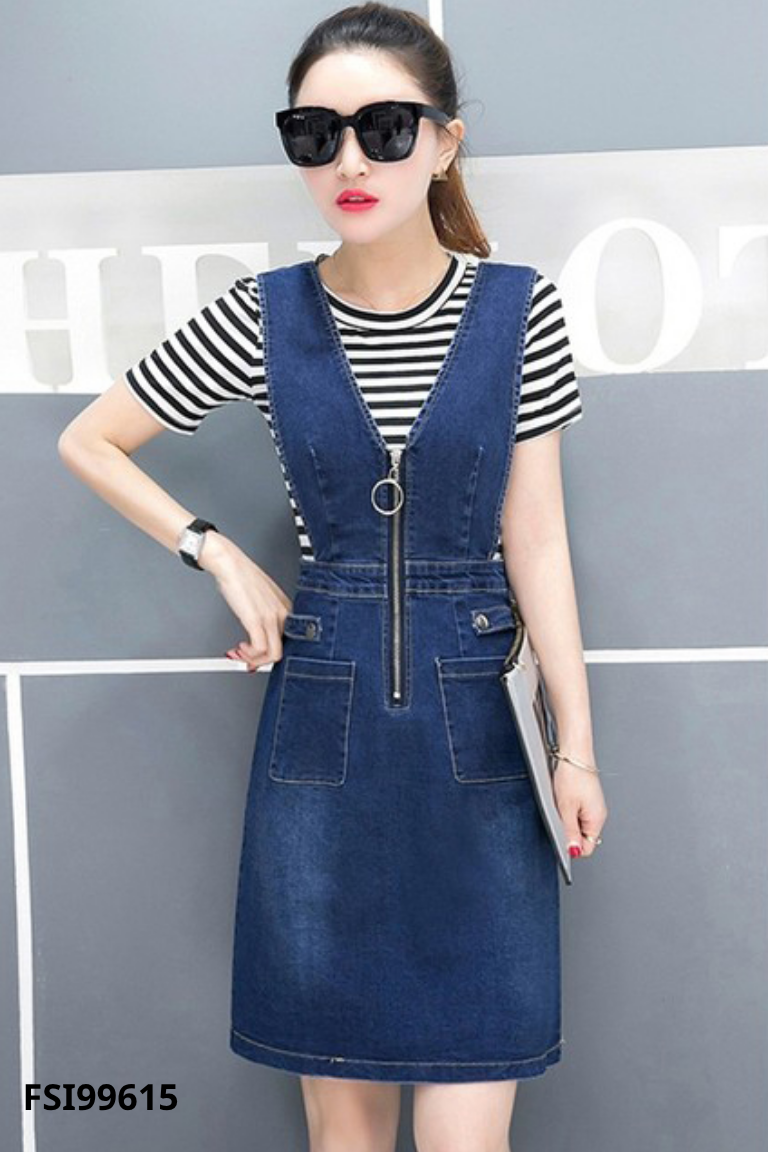 Váy yếm jeans xanh kéo khóa