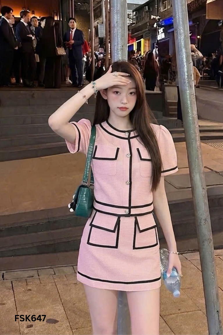 Set áo hồng viền đen + chân váy