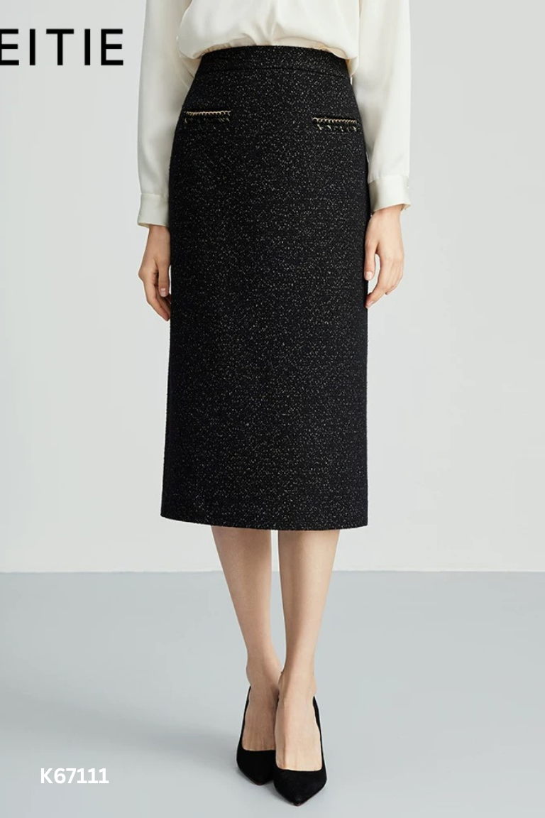 Chân váy dạ tweed đen đính kim tuyến