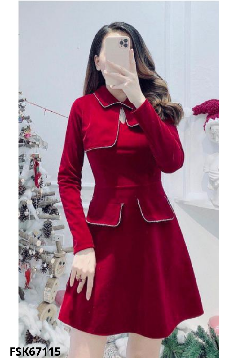 Váy nhung đỏ viền trắng