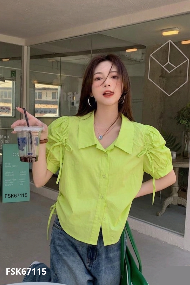 Áo sơ mi xanh neon phối kiểu