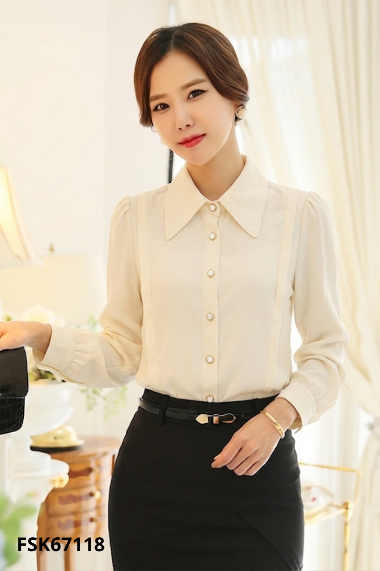 Áo sơ mi nữ be trơn cúc ngọc