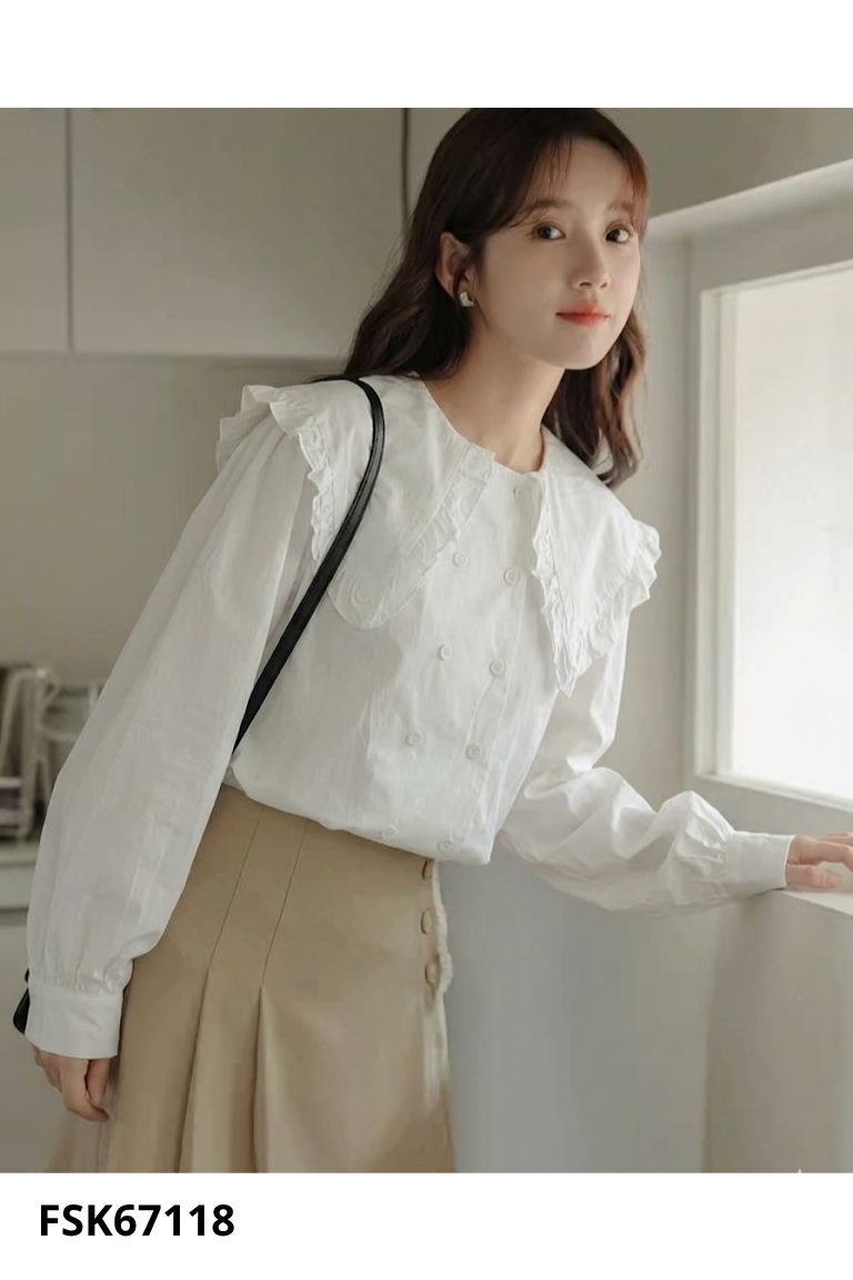 Áo sơ mi nữ trắng trơn phối cúc 2 hàng