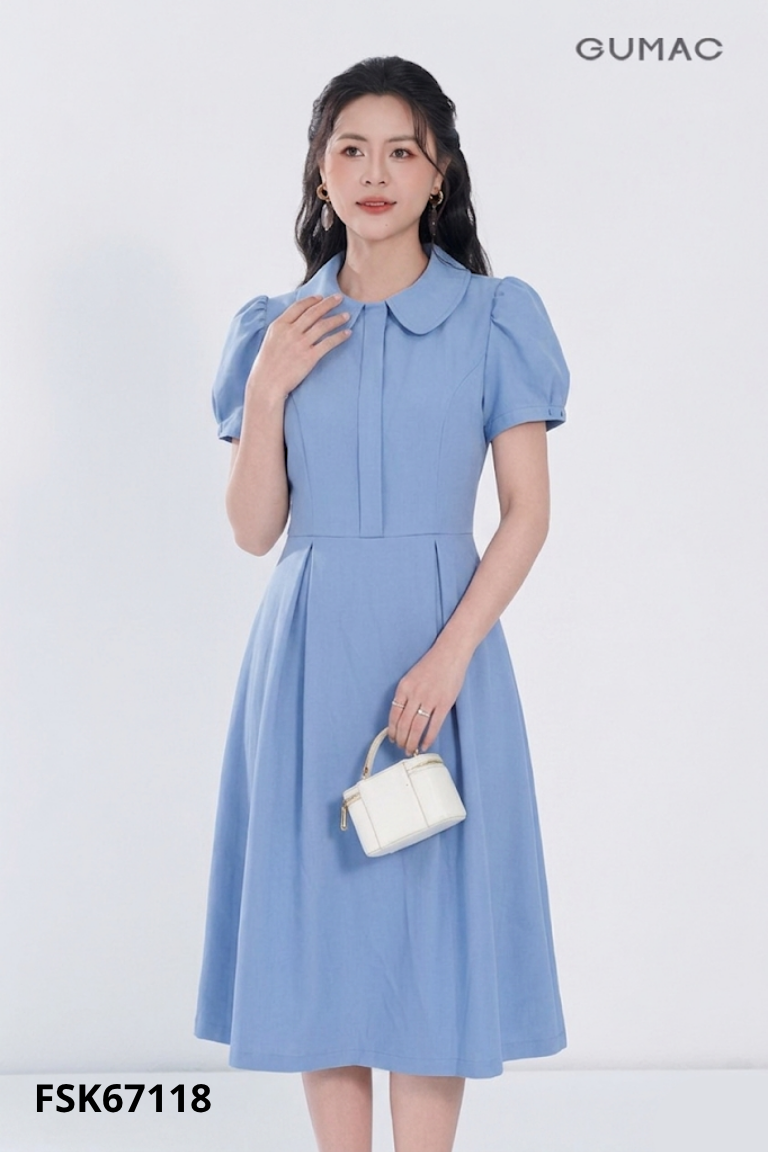 Váy xanh trơn cổ vạt nhọn