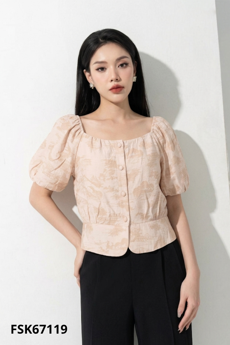 Áo nâu tay bồng cúc bọc