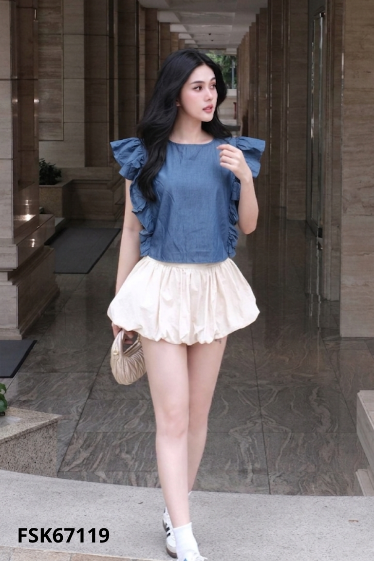 Áo kiểu xanh tay bèo TOPFEELING