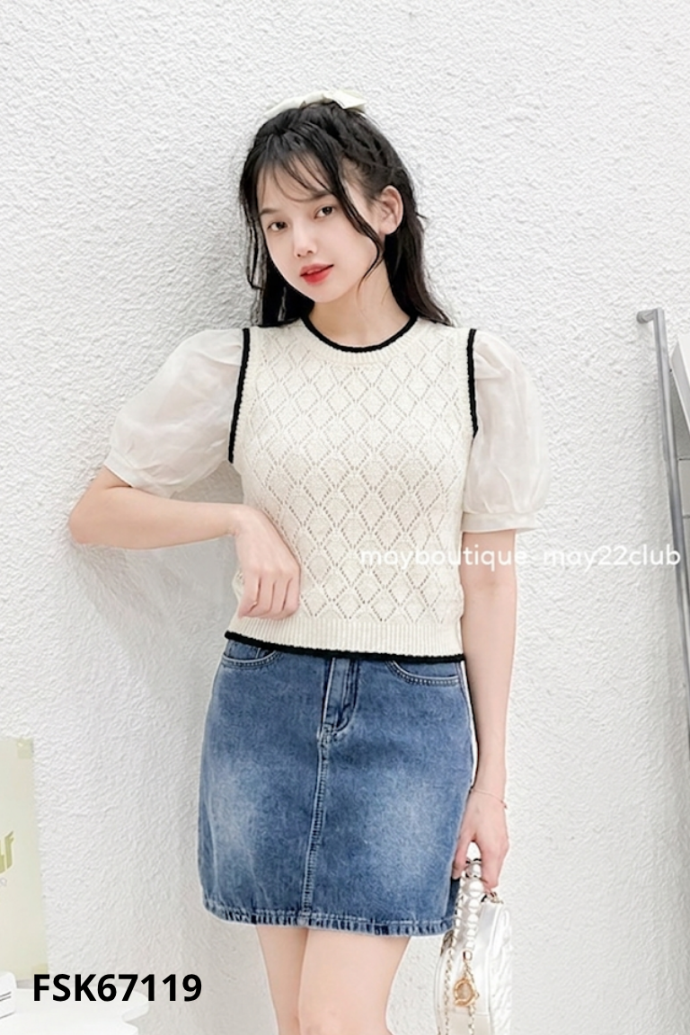Áo kiểu be phối tay voan
