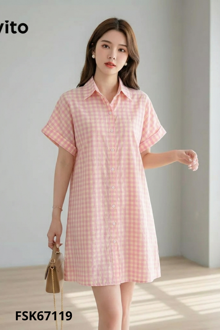 Váy hồng kẻ caro vàng