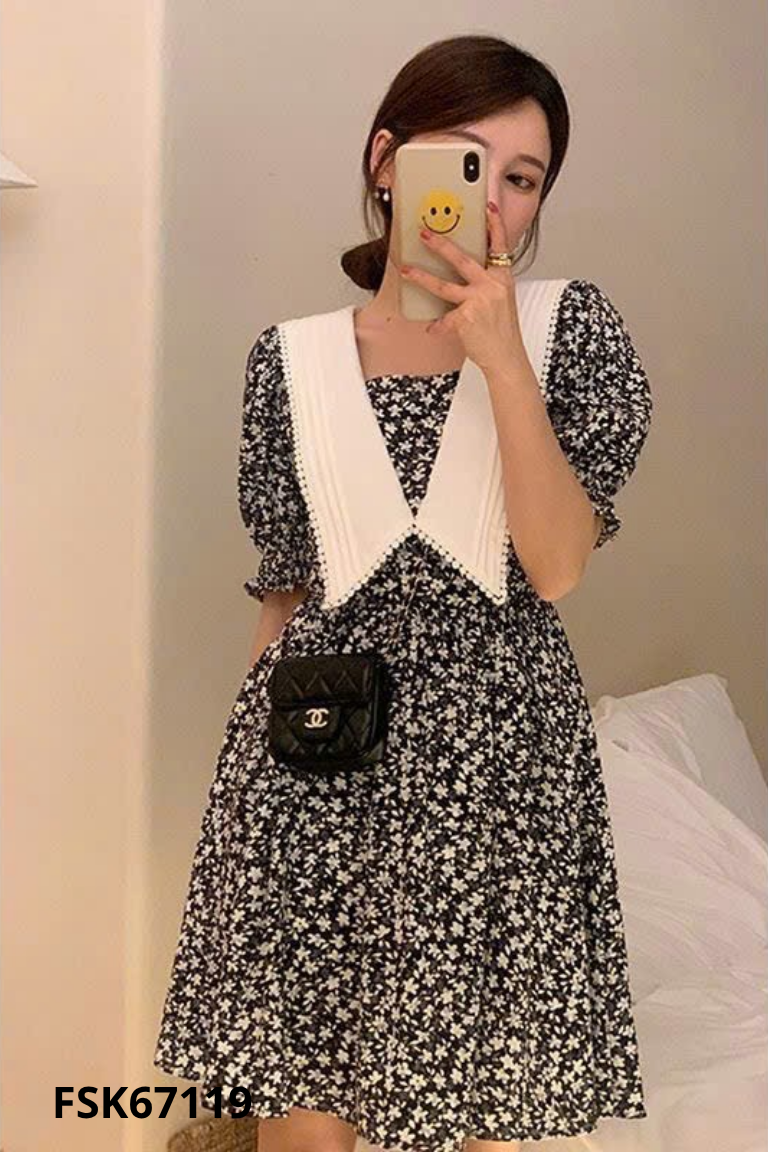 Váy đen họa tiết hoa trắng