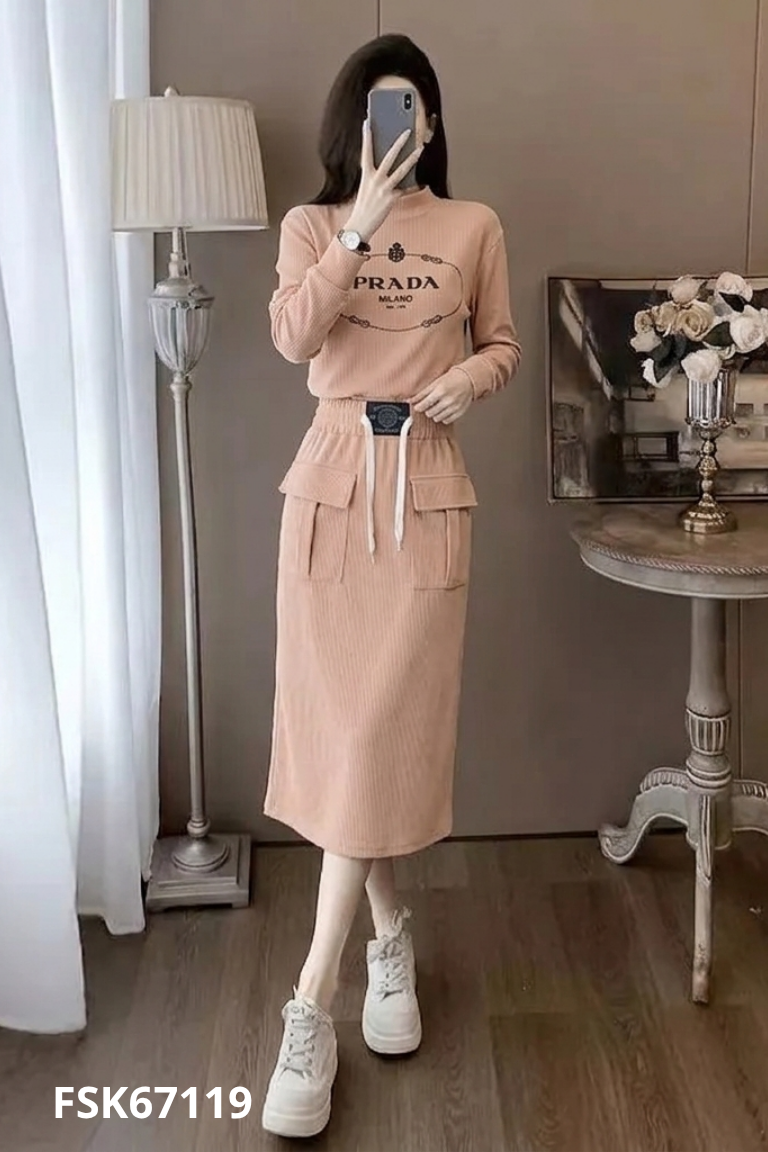 NEWTAG Set áo + chân váy cam