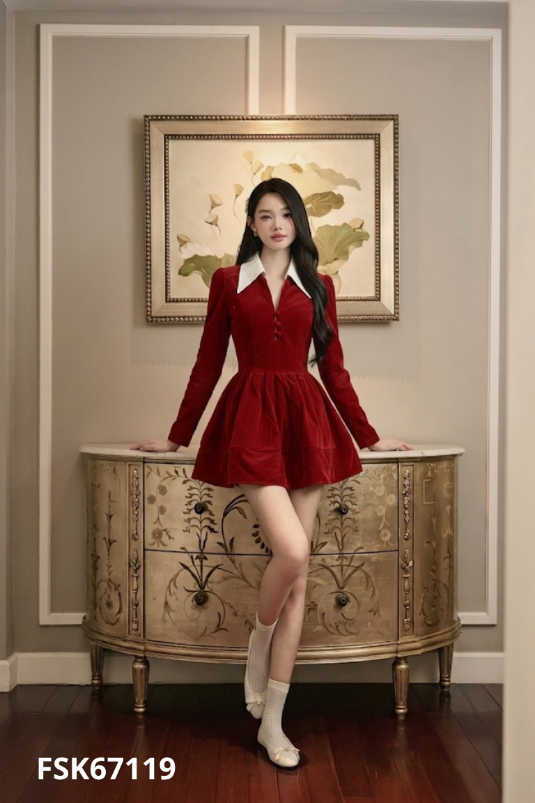 Váy nhung đỏ cổ be