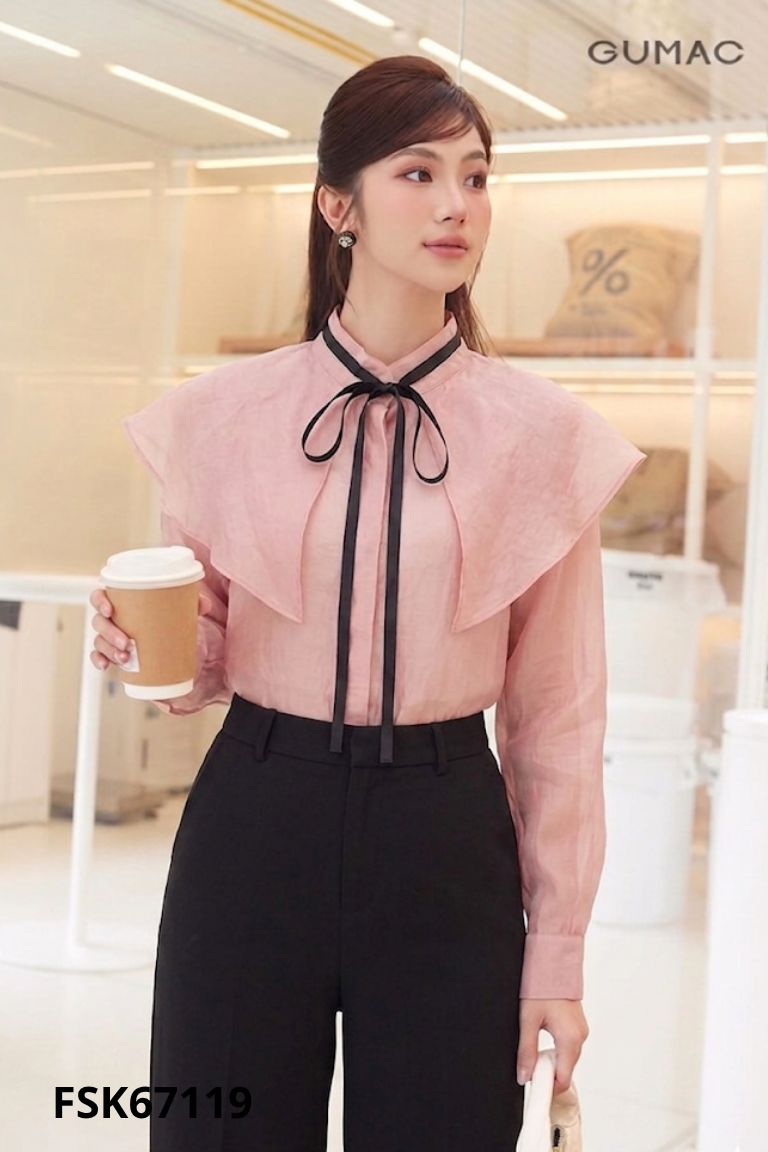 Áo sơ mi voan hồng phối dây nơ đen