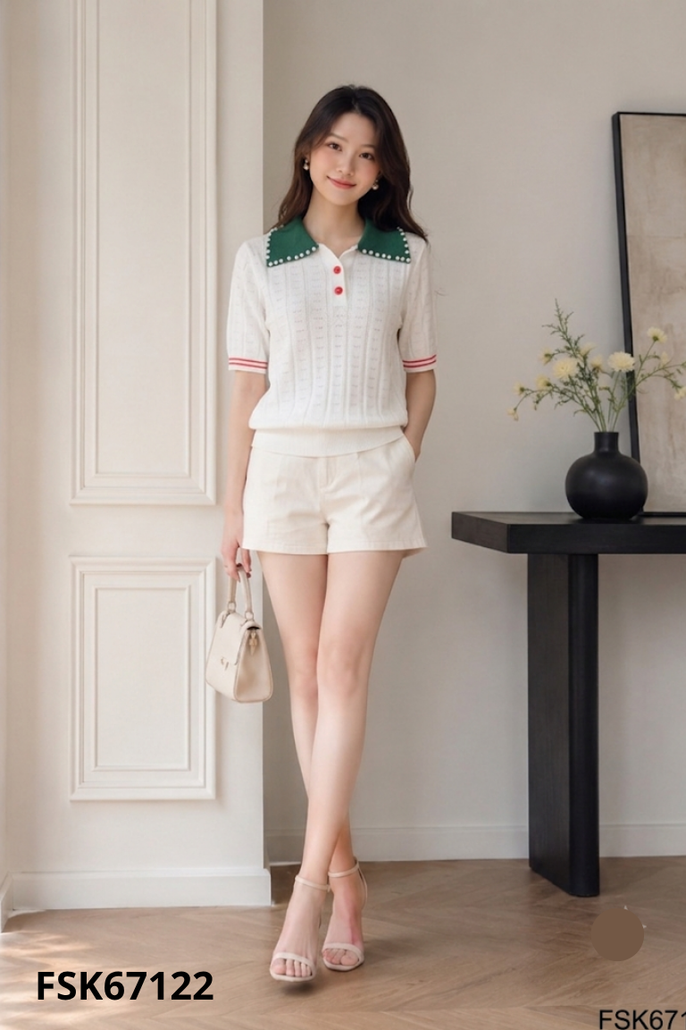 Áo len trắng lá cổ xanh