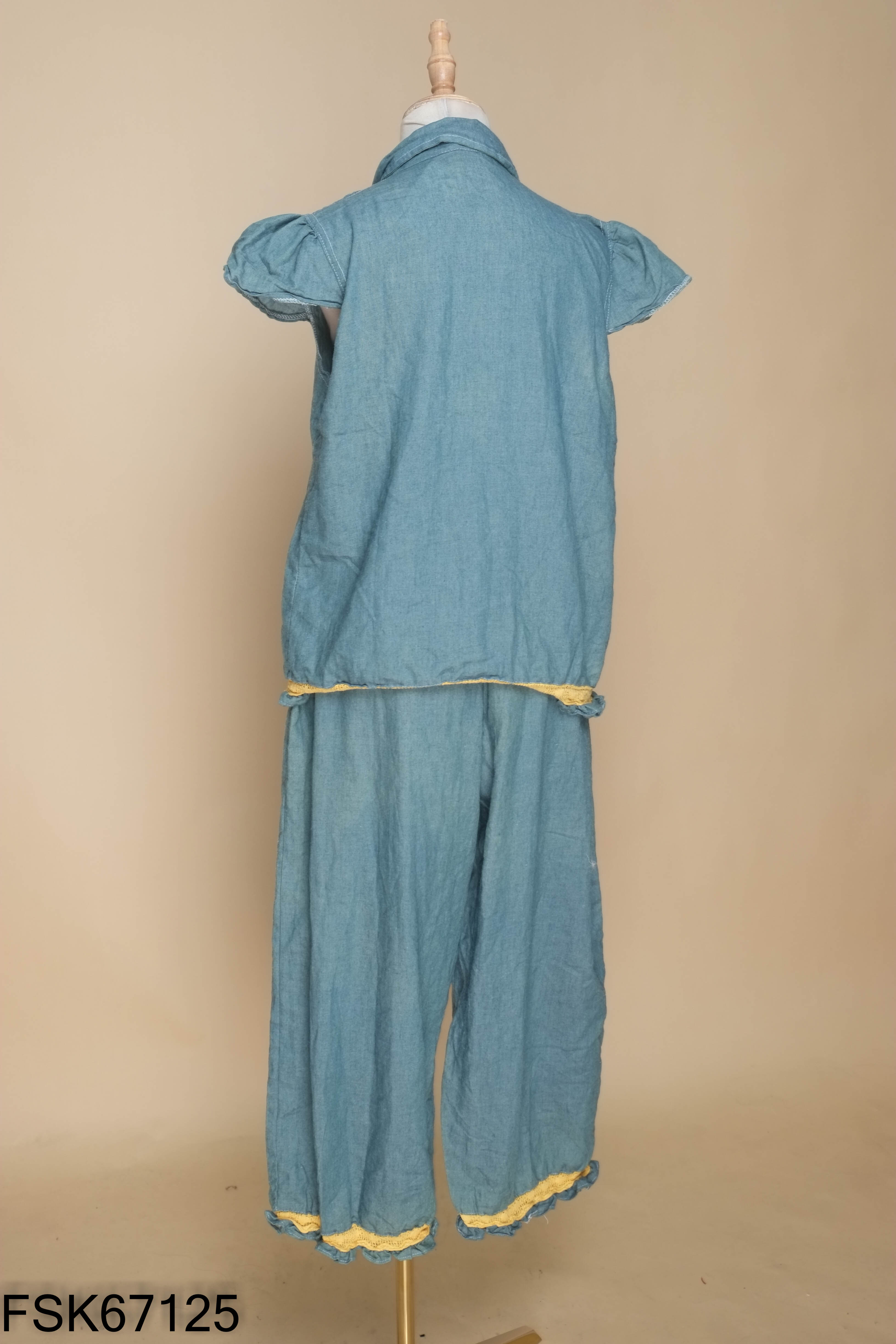 Set Áo giả jeans xanh viền be + quần dài